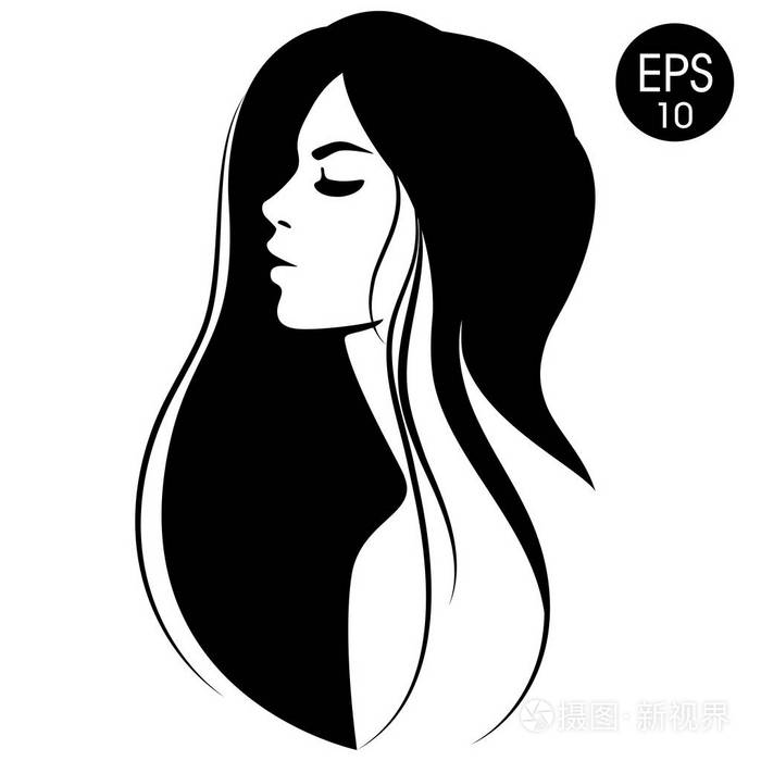 插画 黑头发的女人.矢量时装插图.黑白肖像.eps