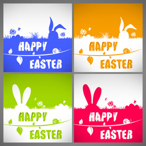 快乐的复活节炫彩矢量图卡设置与大耳兔剪影在草地上