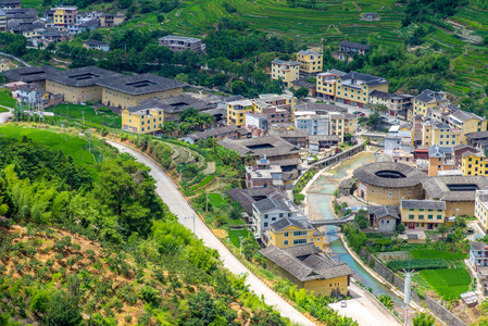 南溪土楼群集在中国福建的鸟瞰图