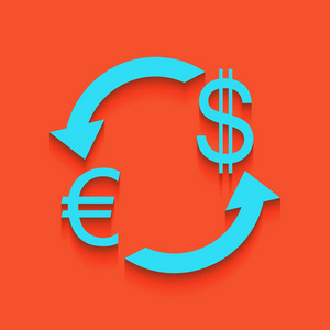 货币汇率的标志。欧元和美元。矢量。与软阴影下推杆的火烈鸟背景的蓝色图标