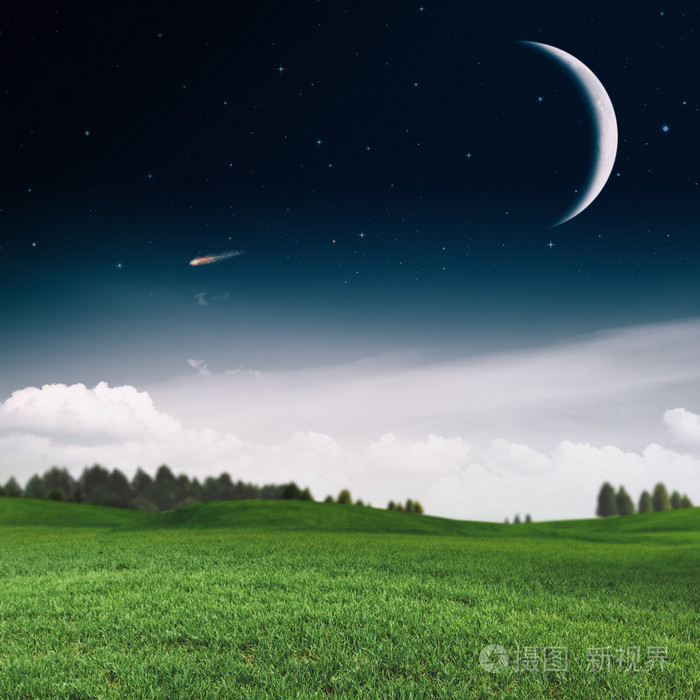 薄雾的夏天的夜晚在绿色的草地