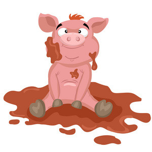 泥浆里打滚可笑的小猪在泥里玩耍可爱的卡通猪在泥浆中小猪的泥在农场