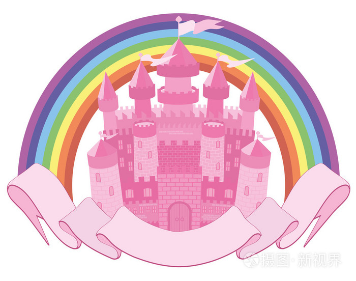 童话里的魔法城堡和彩虹矢量图