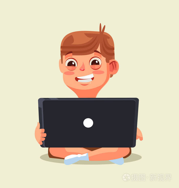 快乐的微笑通过互联网聊天的小男孩青少年角色.矢量平面卡通插画