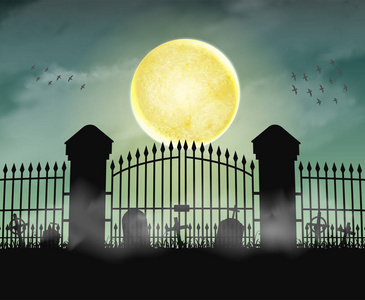 用月圆之夜剪影公墓墓地的门照片