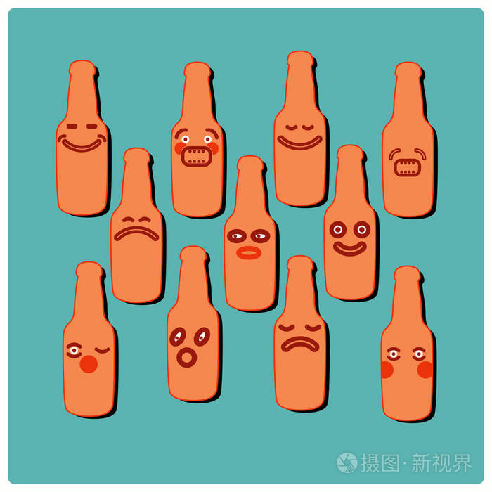 有趣的啤酒瓶表情符号集矢量图