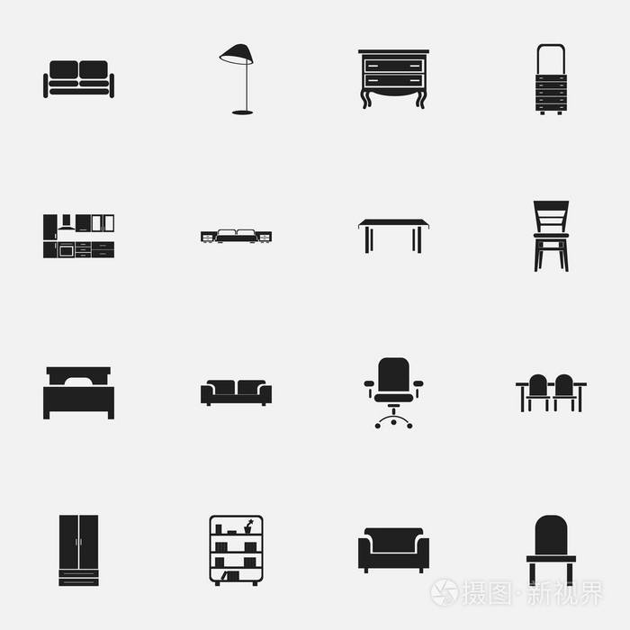 16 可编辑家具图标集.包括符号栈桥, 橱柜, 沙发等.