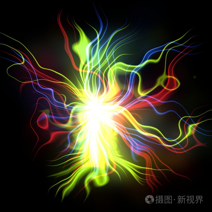 多彩的生动爆炸与模糊光线在黑暗的空间巨大朦胧能量释放在黑色的背景