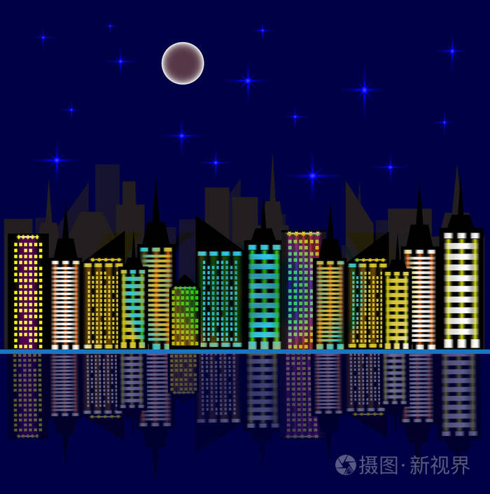 夜晚的城市.映在水面上的摩天大楼