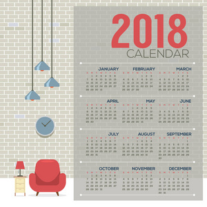 2018 舒适的客厅平面设计打印日历开始周日矢量图