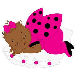 睡在枕头上的瓢虫服装矢量非裔美国可爱的小宝贝女孩