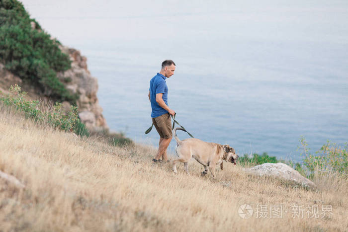 一两个伙计虽然在山顶附近的海洋上和他们的狗一起玩