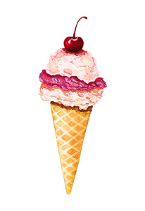 樱桃的华夫水彩冰淇淋
