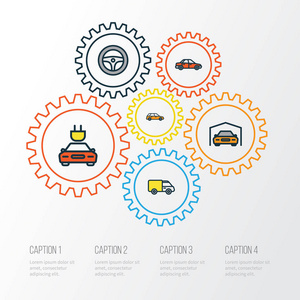 汽车多彩大纲图标设置。卡车 机床 汽车和其他元素的集合。此外包括符号如方向盘，汽车，车站