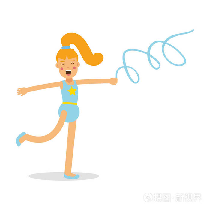 灵活的女孩蓝丝带卡通人物的体操运动员,幼儿体育活动矢量图