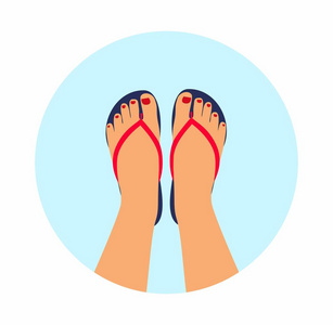 矢量图女性脚穿夏天拖鞋修脚。夏季概念背景