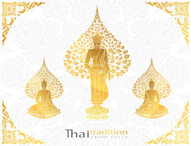 佛陀和菩提树金颜色的泰国传统，贺卡