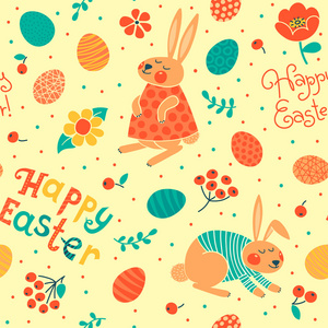快乐的复活节无缝模式与可爱的兔子和鸡蛋