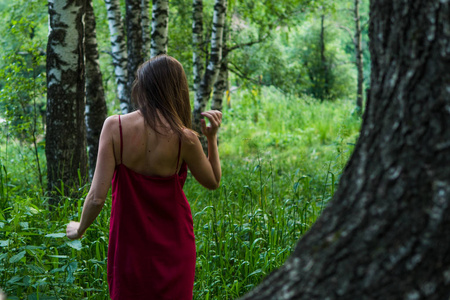 漂亮的女孩，穿着红色夏天的森林里山