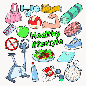健康的生活方式运动涂鸦与健身房 食物和维生素。矢量图