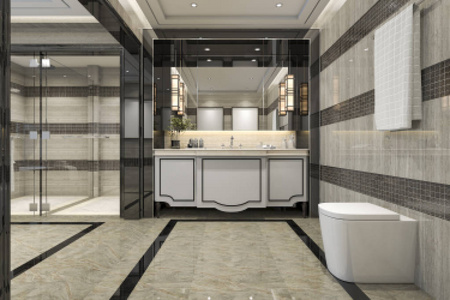 3d 渲染现代阁楼浴室配有豪华瓷砖装饰与尼斯认为，从窗口