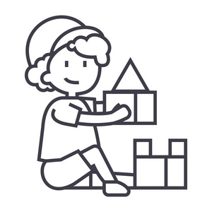 男孩玩玩具,框砖矢量线图标, 标志, 插图背景,可编辑笔触照片
