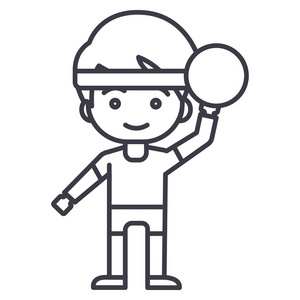 男孩玩球矢量线图标 标志 插图背景，可编辑笔触
