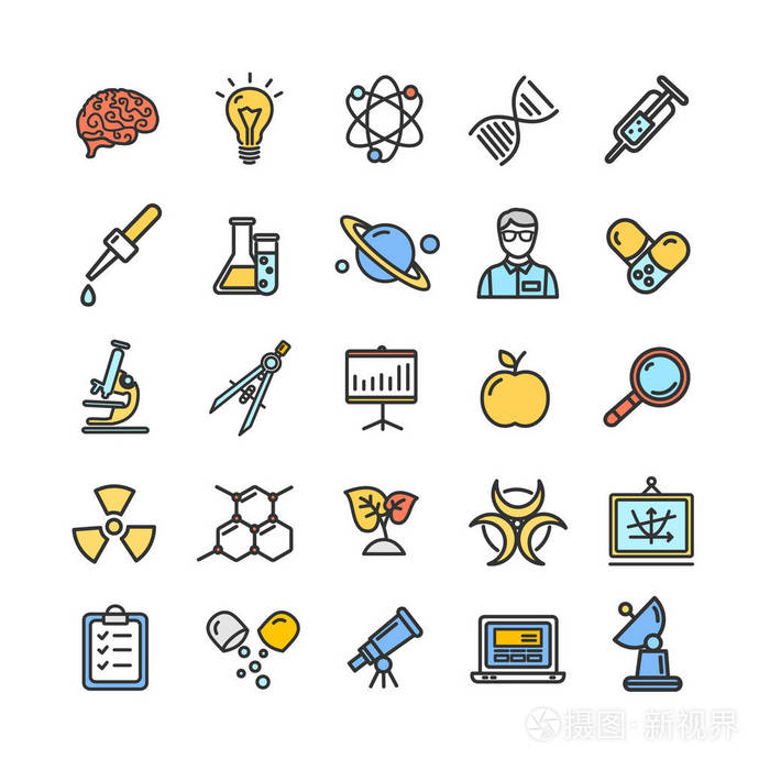 科学研究颜色扁薄线图标集像显微镜放大镜灯泡的主意