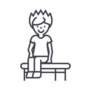 小男孩坐在长椅上矢量线图标 标志 插图背景，可编辑笔触