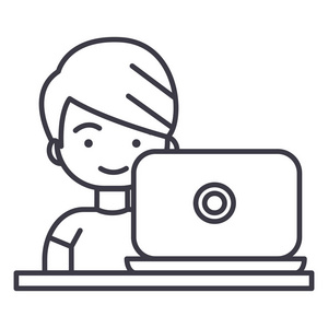 工作笔记本电脑矢量线图标 标志 插图背景，可编辑笔触的男孩