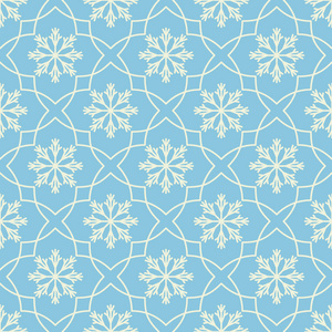 无缝的几何图案与雪花。平白色在蓝色背景上的元素