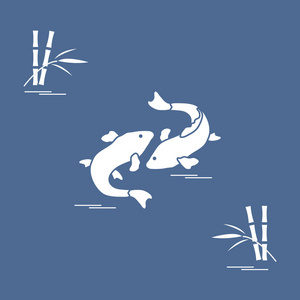 两个鲤鱼锦鲤和竹子的程式化的图标。旅游与休闲