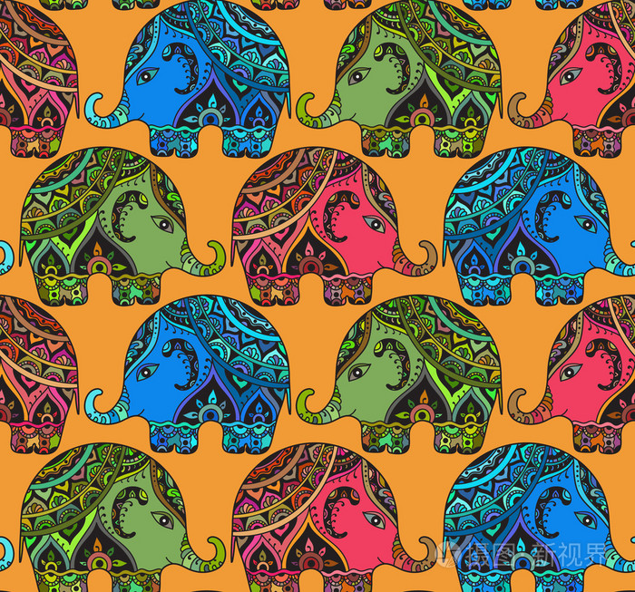 明确无缝纹理与程式化的图案大象在印度