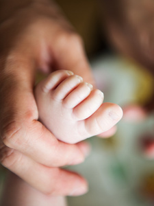 刚出生的婴儿脚在女性手中
