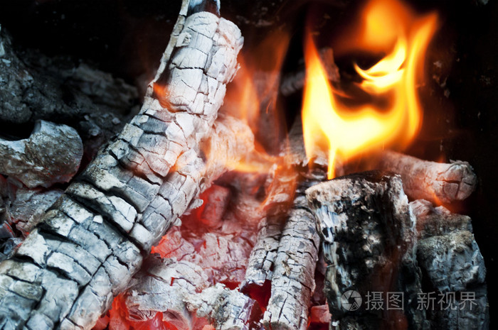 火从燃烧的木柴用灰和火焰