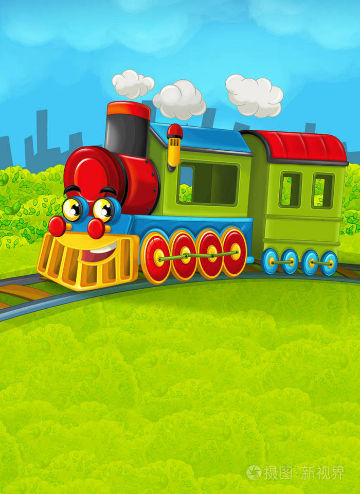 卡通火车场景在草地上