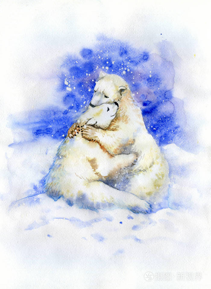 水彩绘画拥抱北极熊