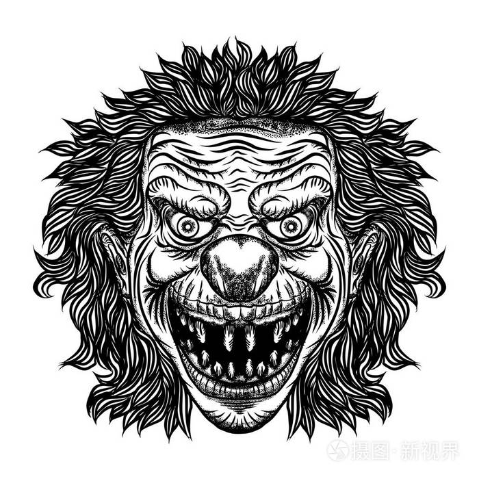 邪恶的恐怖小丑怪物与大鼻子和锋利的牙齿