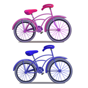 孤立在白色背景上的粉色和蓝色自行车。卡通风格的矢量图