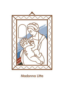 麦当娜 Litta。莱昂纳多  达  芬奇的矢量图标。圣母玛利亚母乳喂养基督的孩子