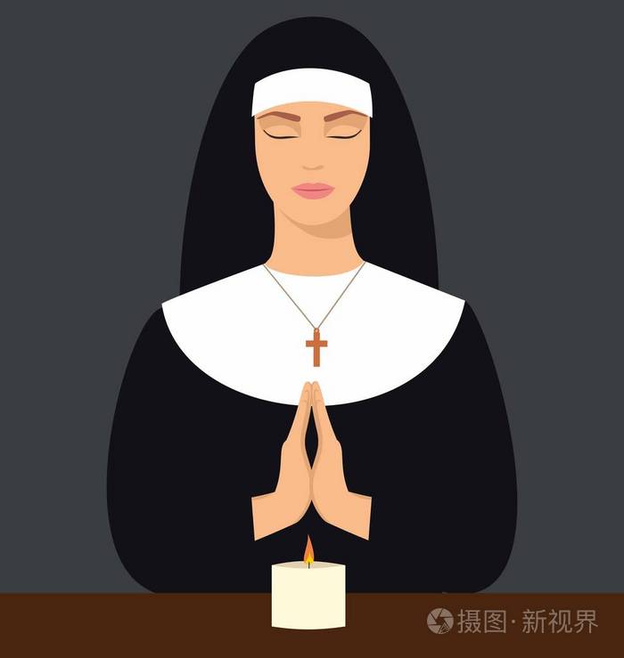 年轻的尼姑,闭着眼睛和手的例证折叠在祈祷.矢量图的女人祈祷