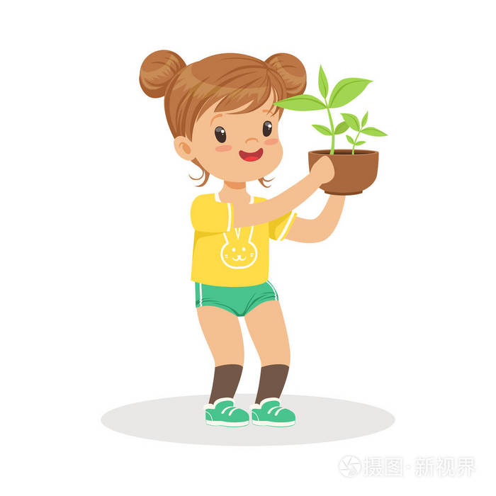 可爱的小女孩站及植物在陶罐,植物学在幼儿园卡通矢量插图的教训