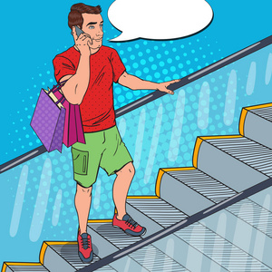 智能手机的流行艺术人在自动扶梯上的购物袋。矢量图