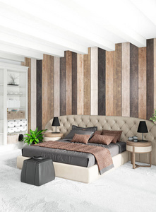 白色卧室最小风格室内设计木墙与深色沙发。3d 渲染。3d 图