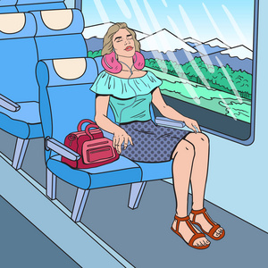 流行艺术青年女子睡在火车带着耳机.旅行的时间.矢量图照片