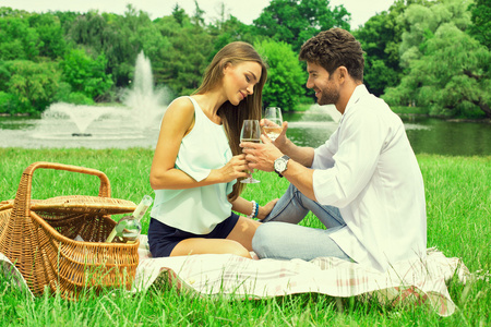两人在公园野餐和饮用白葡萄酒