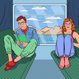 流行艺术青年男子和女子乘火车旅行和看书。夏天的假期。矢量图