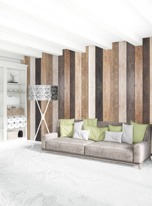 白色卧室最小风格室内设计与木墙。3d 渲染。3d 图