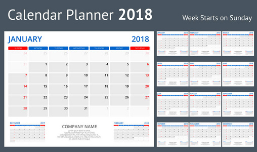 2018 2018 年日历打印模板周开始周日肖像方向设置的 12 个月的计划