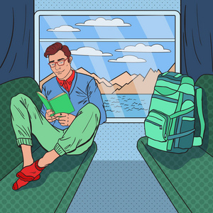 波普艺术度假波普艺术的年轻人乘火车,读本书.矢量图照片